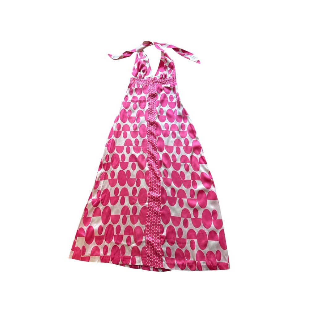 Corey Lynn Calter Pink White Geometric Silk Halter Maxi Dress Sz 4 Made in USA